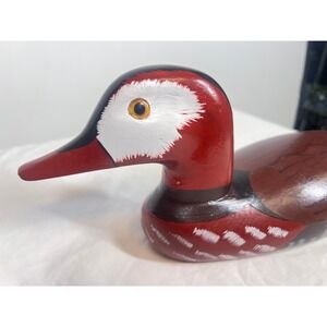 Hand Painted Wooden Duck Figurine Red Black White Decorative Collectible